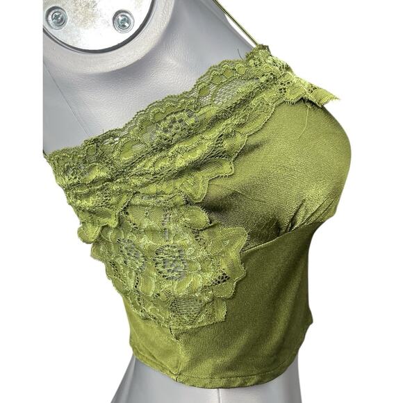 Coquette Silky Cami Crop Top Womens Olive Laced Fairy Y2K Whimsigoth Small - Picture 2 of 10